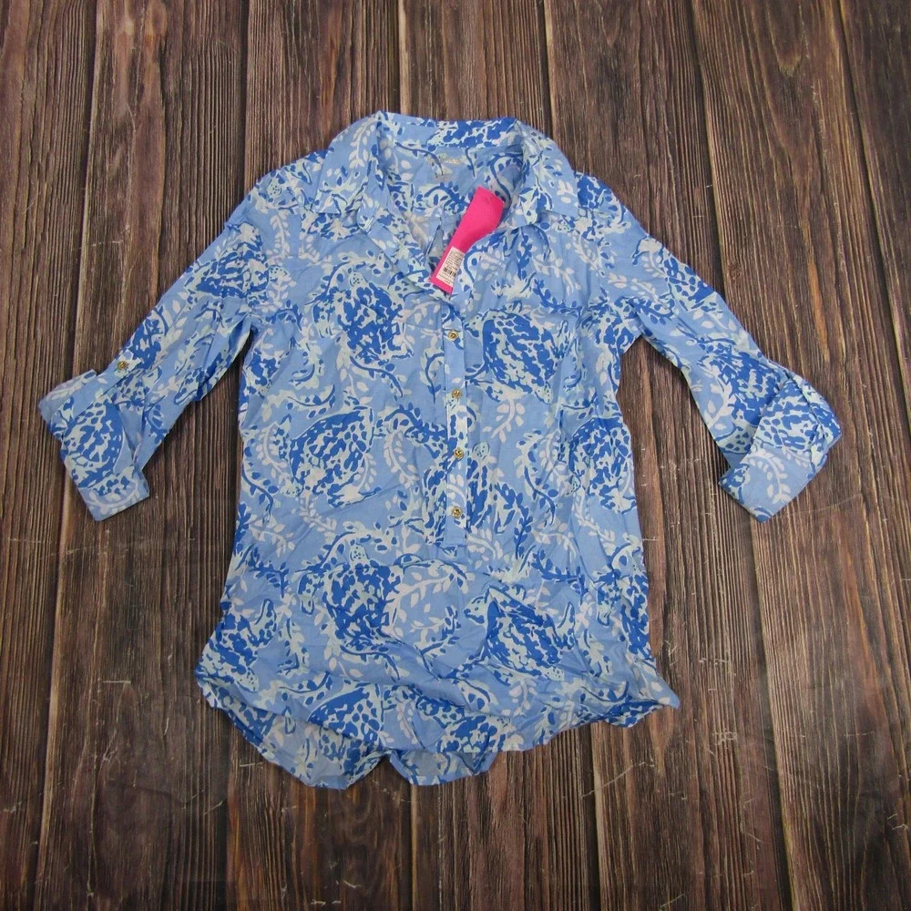 Lilly Pulitzer Shirt Womens XS Blue Captiva Tunic Turtley‎ Awesome Cotton Print